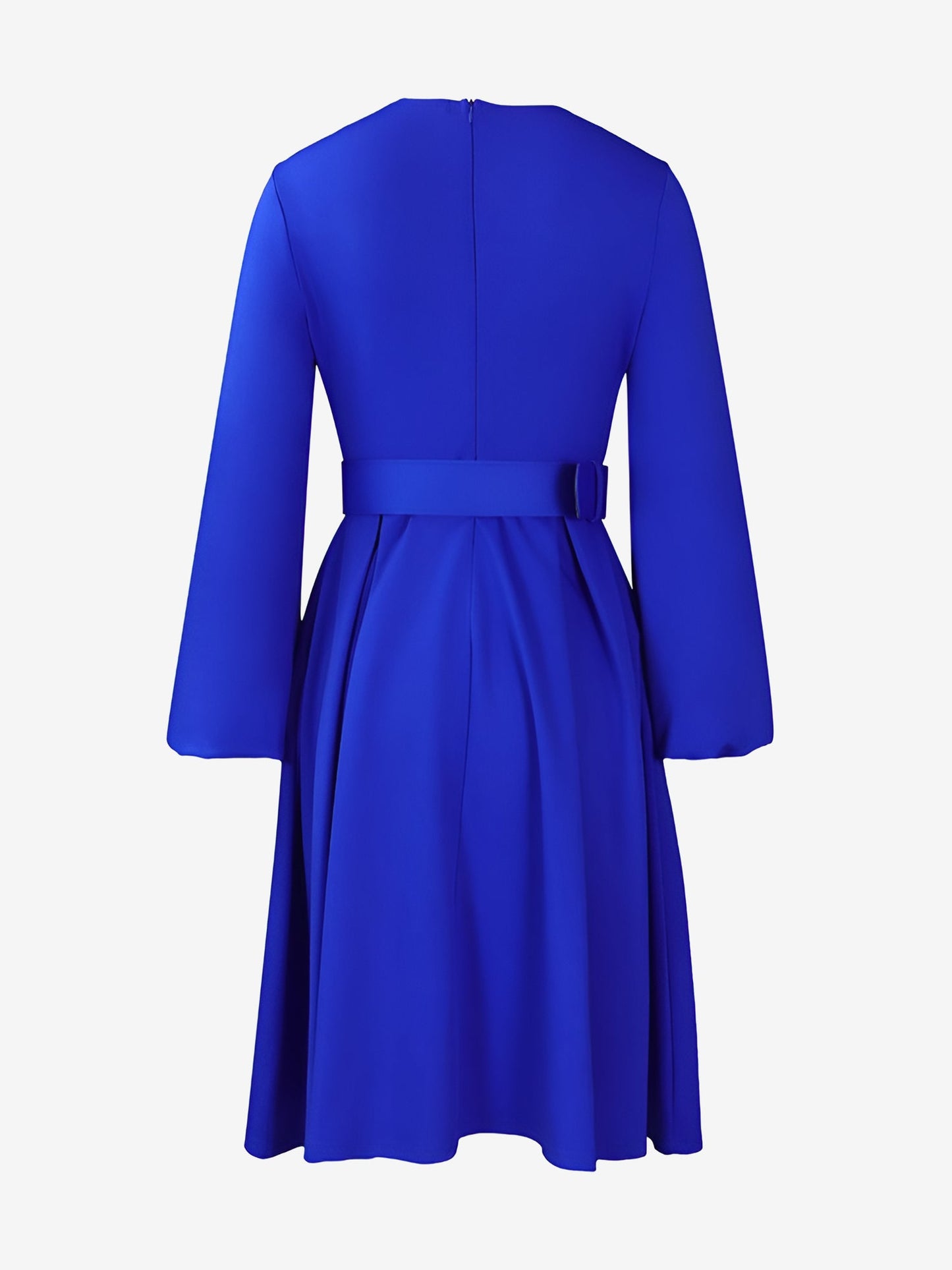 Round Neck Puff Sleeves Belted Midi Work Dress