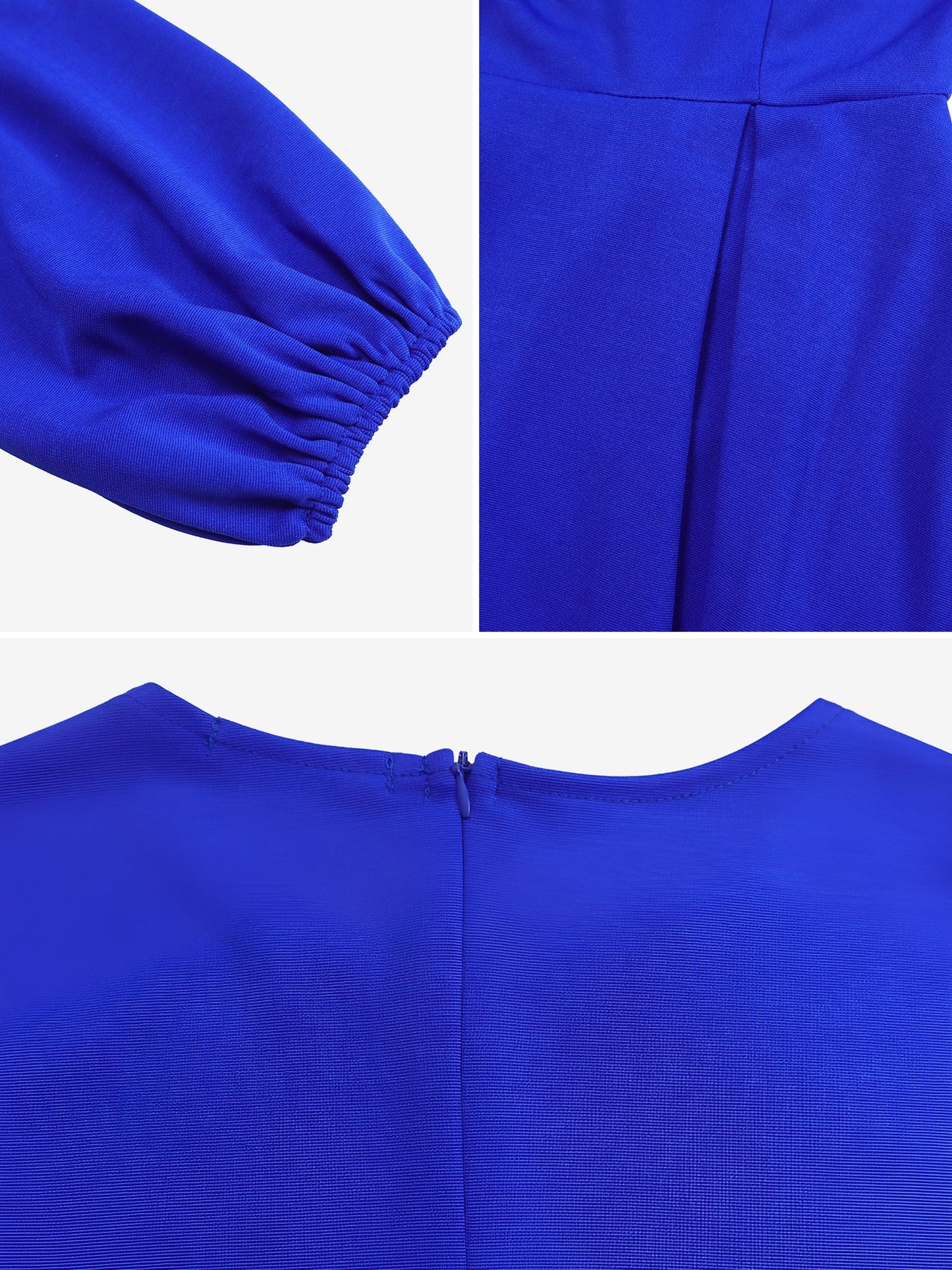 Round Neck Puff Sleeves Belted Midi Work Dress