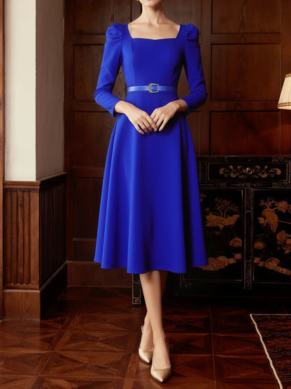 Puff Sleeve Square Neck Belted Midi Dress