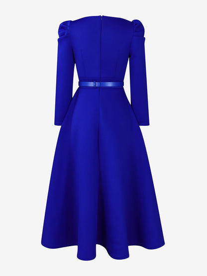 Puff Sleeve Square Neck Belted Midi Dress