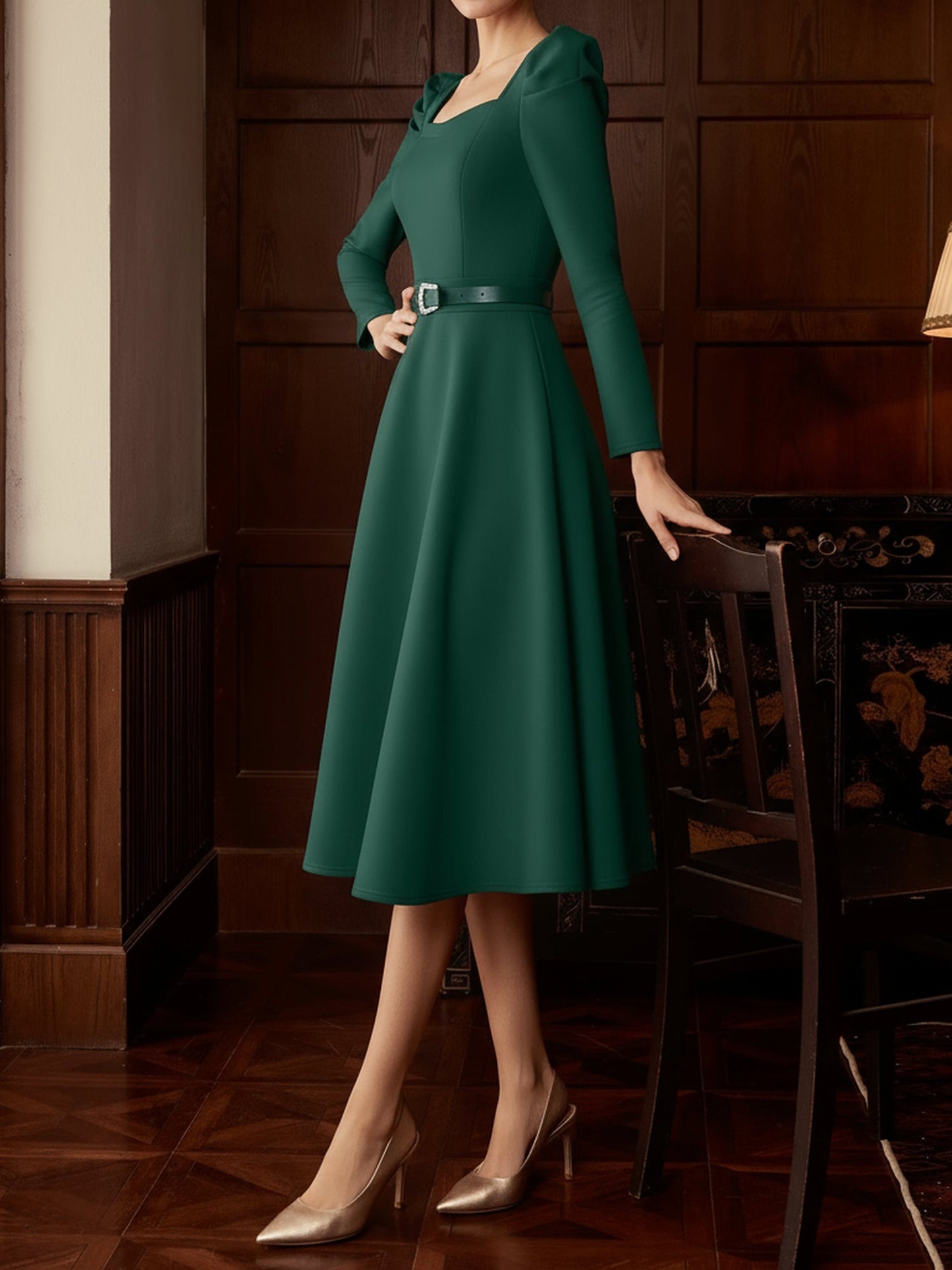 Puff Sleeve Square Neck Belted Midi Dress