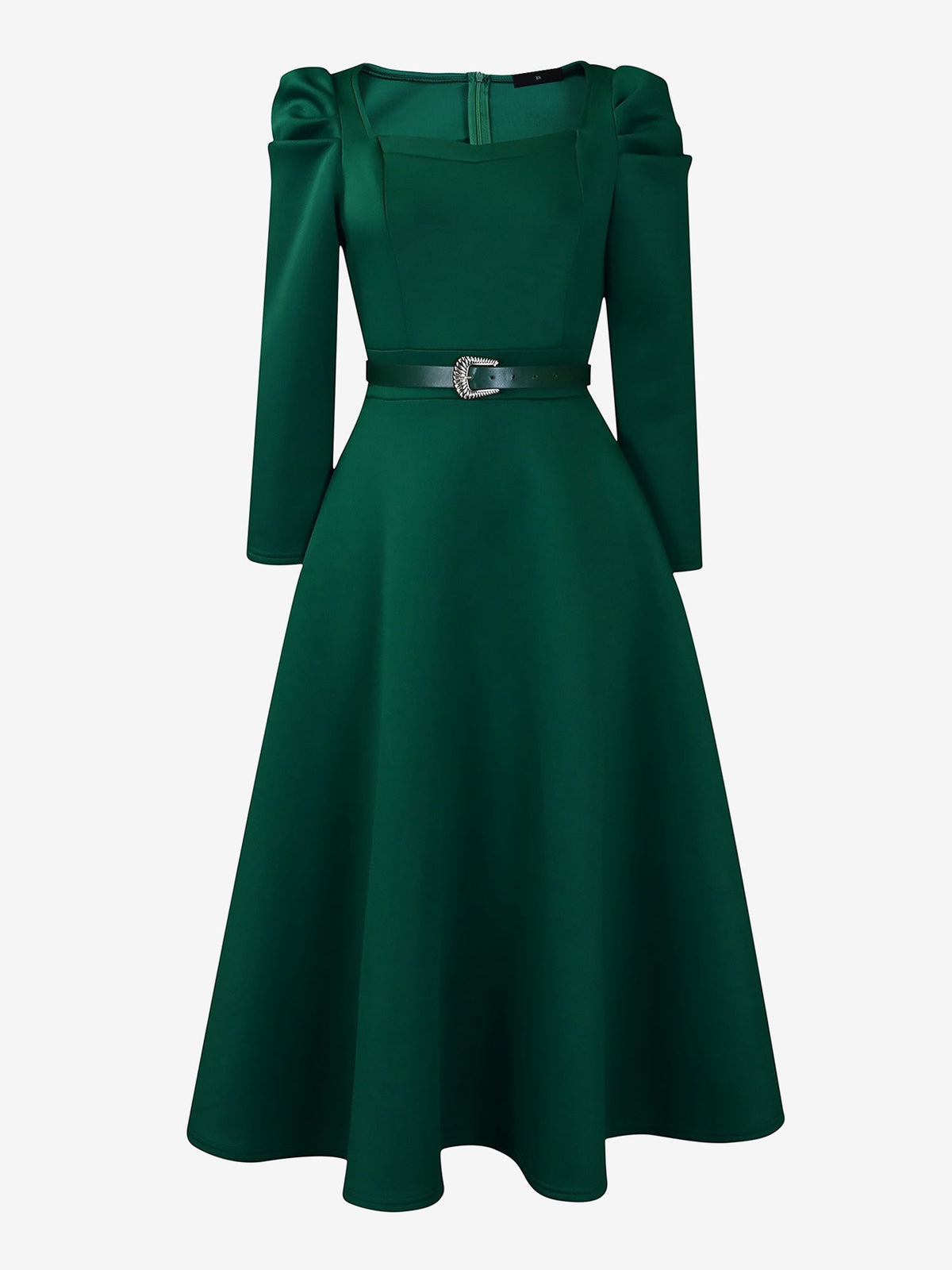 Puff Sleeve Square Neck Belted Midi Dress