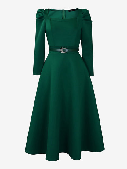 Puff Sleeve Square Neck Belted Midi Dress