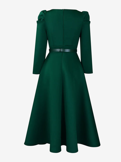 Puff Sleeve Square Neck Belted Midi Dress
