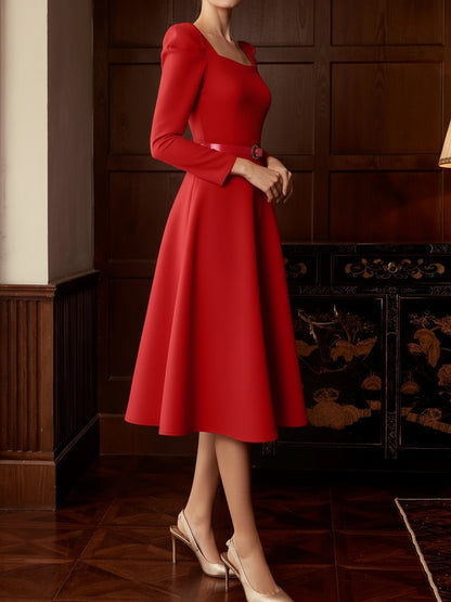 Puff Sleeve Square Neck Belted Midi Dress