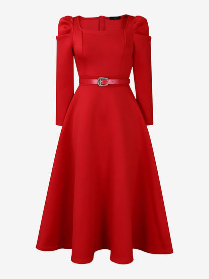 Puff Sleeve Square Neck Belted Midi Dress