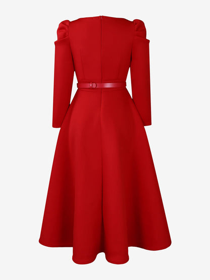 Puff Sleeve Square Neck Belted Midi Dress