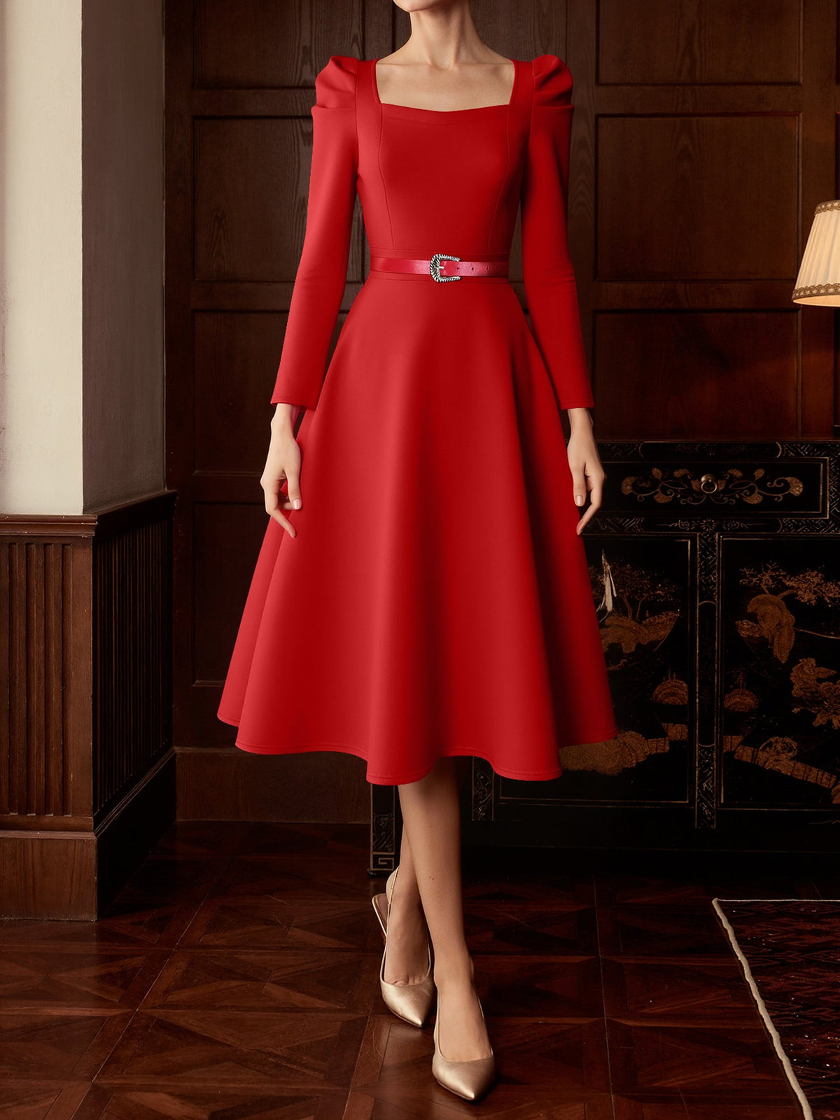 Puff Sleeve Square Neck Belted Midi Dress