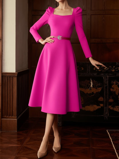 Puff Sleeve Square Neck Belted Midi Dress