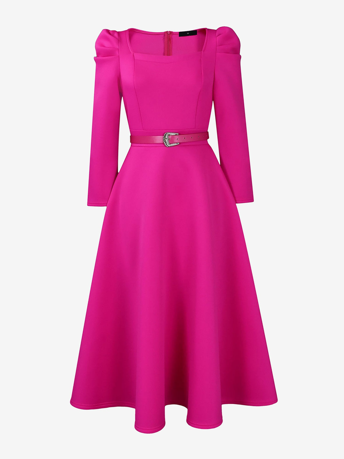 Puff Sleeve Square Neck Belted Midi Dress