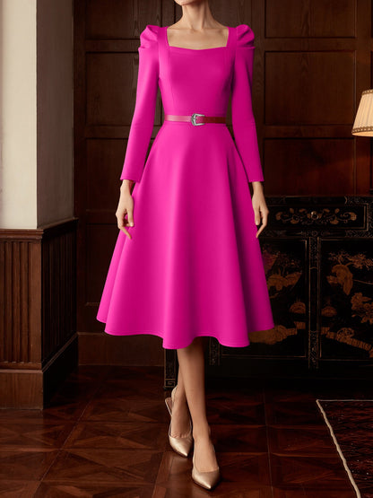 Puff Sleeve Square Neck Belted Midi Dress