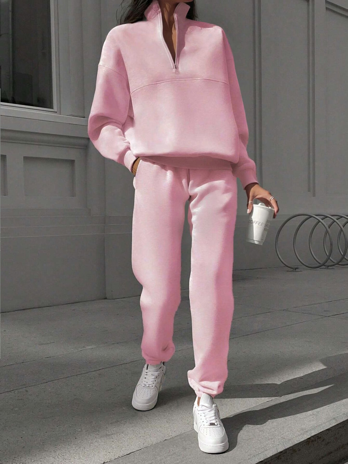 2 Pieces Zipper Collar Solid Color Casual Matching Set