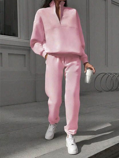 2 Pieces Zipper Collar Solid Color Casual Matching Set