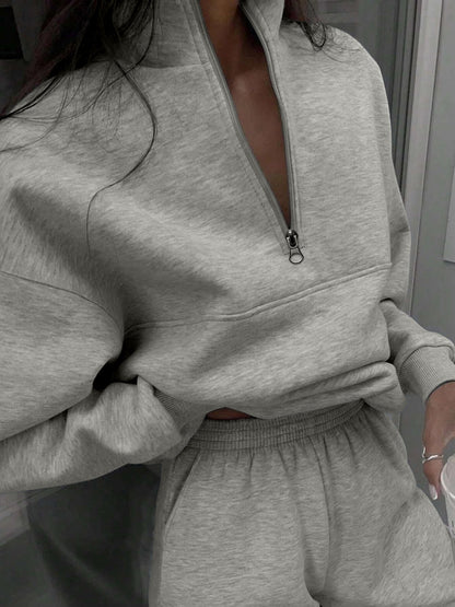 2 Pieces Zipper Collar Solid Color Casual Matching Set