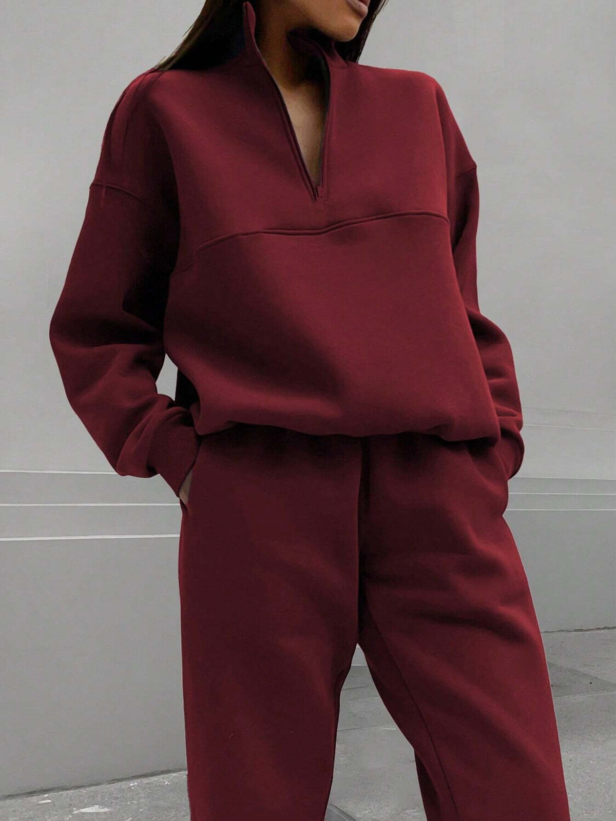 2 Pieces Zipper Collar Solid Color Casual Matching Set