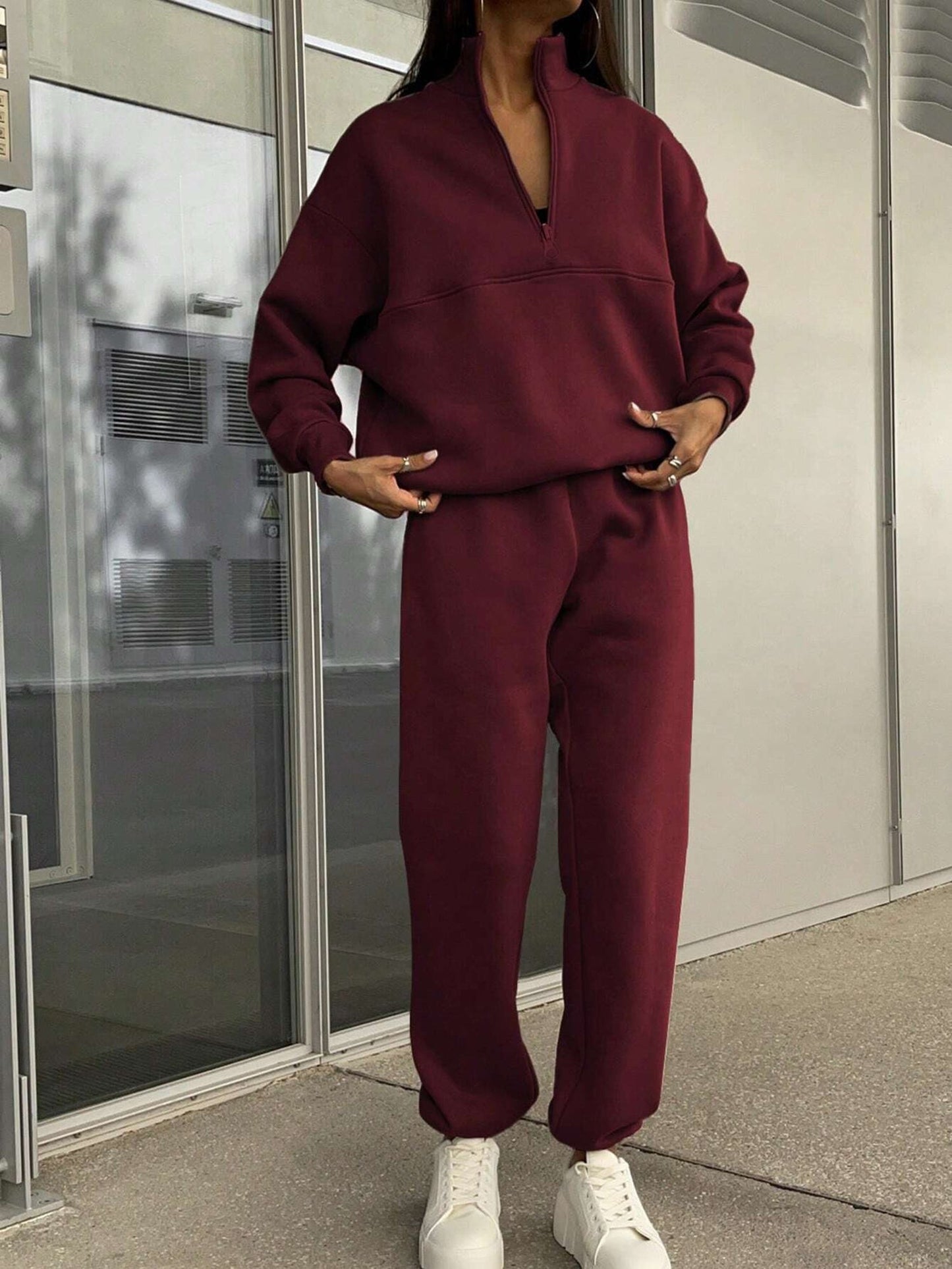2 Pieces Zipper Collar Solid Color Casual Matching Set
