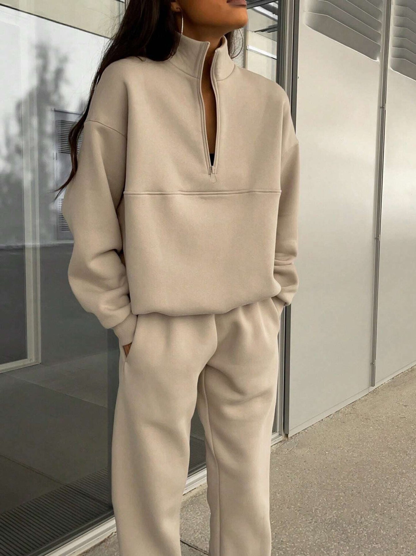 2 Pieces Zipper Collar Solid Color Casual Matching Set