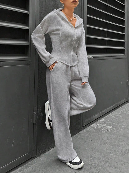 2 Pieces Hooded Zipper Jacket & Elastic Waist Sweatpants Set