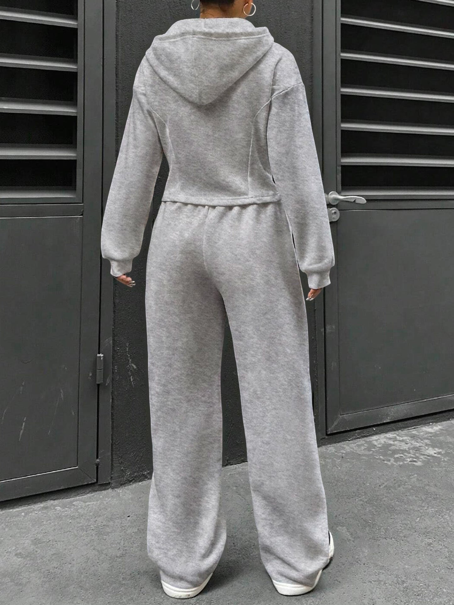 2 Pieces Hooded Zipper Jacket & Elastic Waist Sweatpants Set