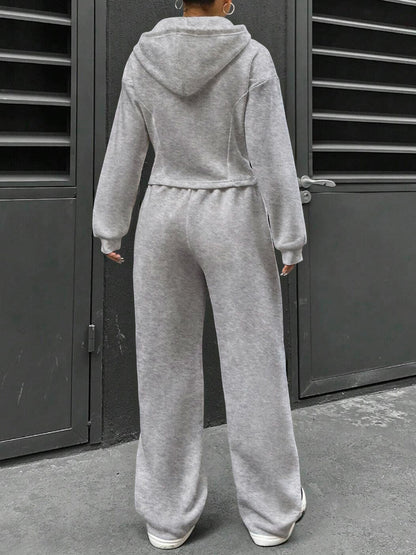 2 Pieces Hooded Zipper Jacket & Elastic Waist Sweatpants Set