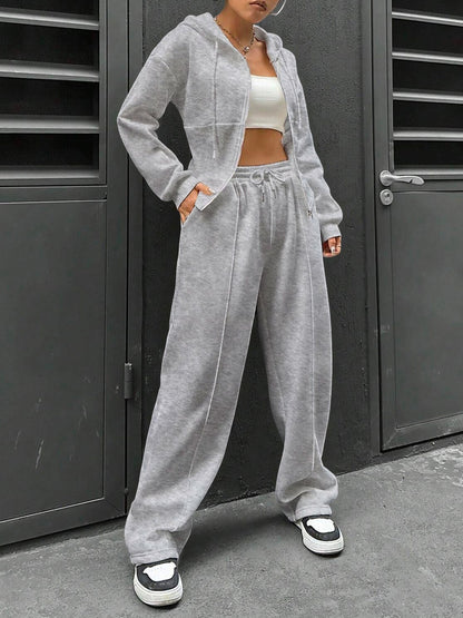 2 Pieces Hooded Zipper Jacket & Elastic Waist Sweatpants Set