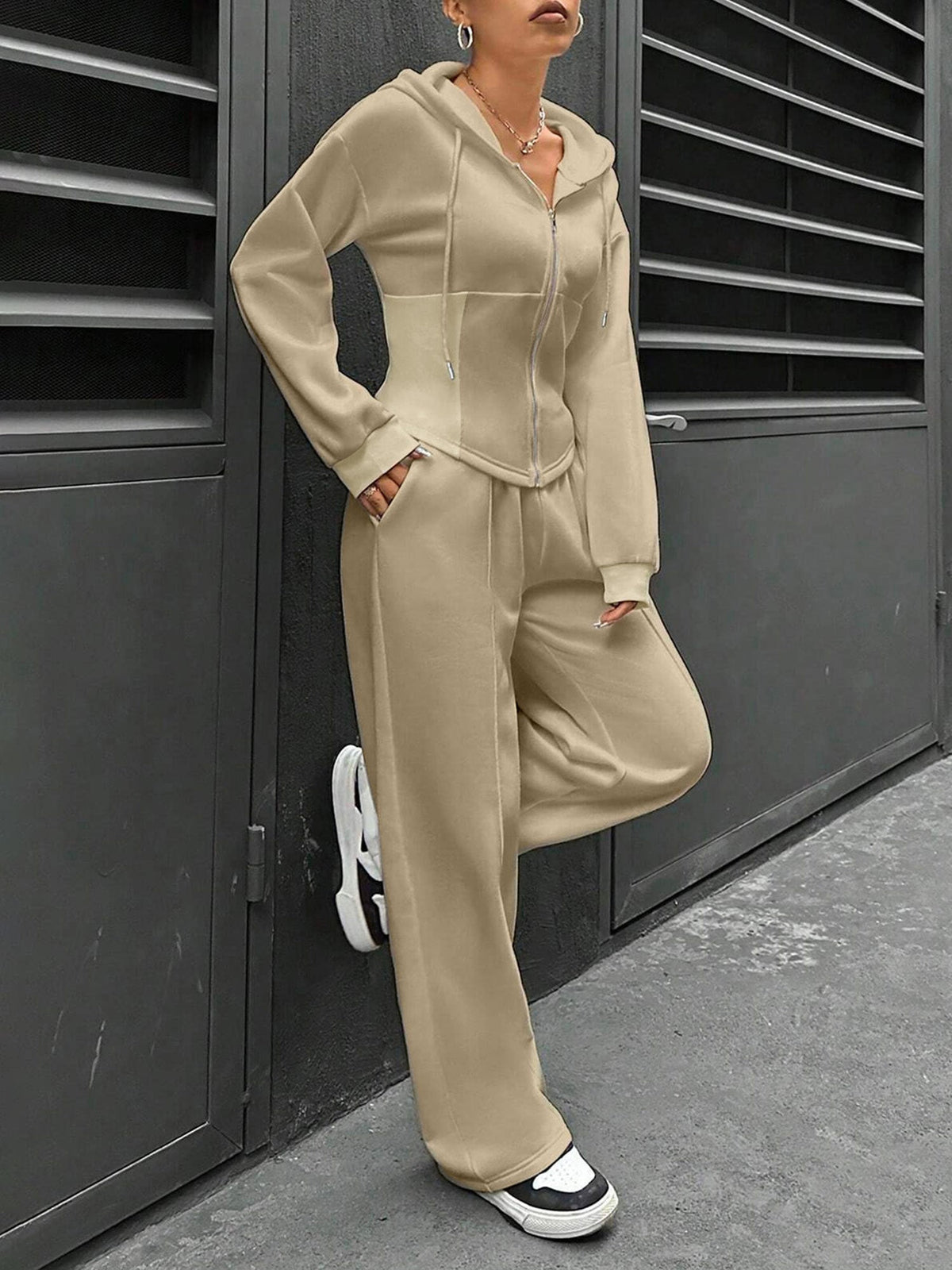 2 Pieces Hooded Zipper Jacket & Elastic Waist Sweatpants Set