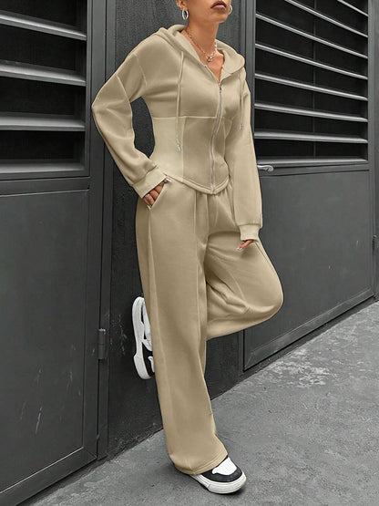 2 Pieces Hooded Zipper Jacket & Elastic Waist Sweatpants Set
