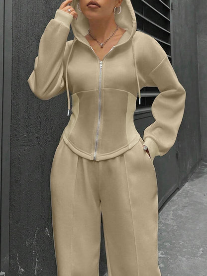 2 Pieces Hooded Zipper Jacket & Elastic Waist Sweatpants Set