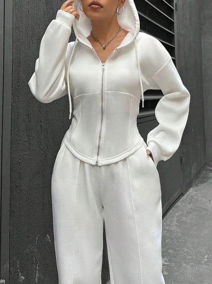 2 Pieces Hooded Zipper Jacket & Elastic Waist Sweatpants Set