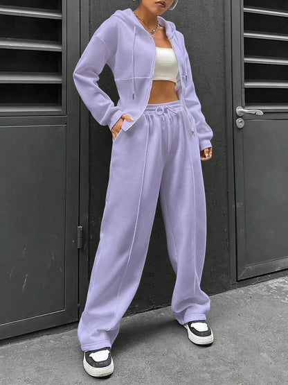 2 Pieces Hooded Zipper Jacket & Elastic Waist Sweatpants Set