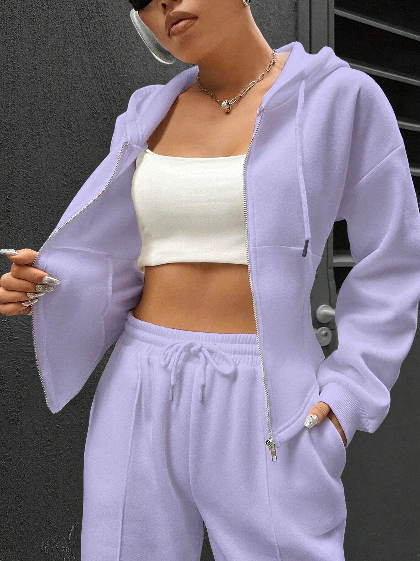 2 Pieces Hooded Zipper Jacket & Elastic Waist Sweatpants Set