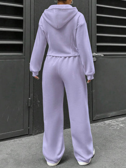 2 Pieces Hooded Zipper Jacket & Elastic Waist Sweatpants Set