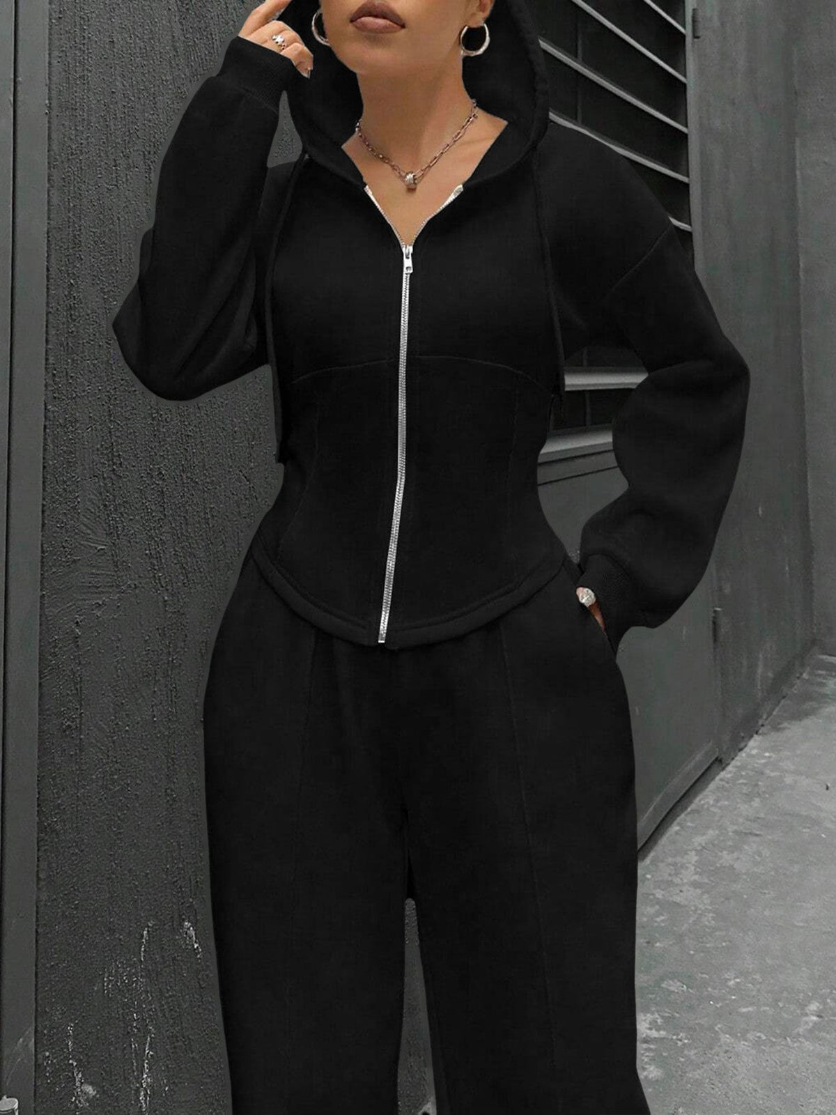 2 Pieces Hooded Zipper Jacket & Elastic Waist Sweatpants Set