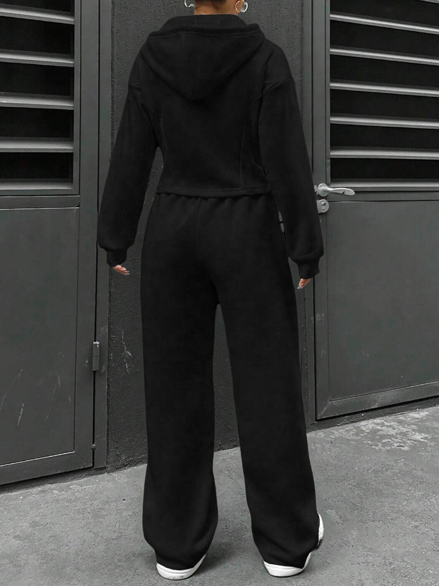 2 Pieces Hooded Zipper Jacket & Elastic Waist Sweatpants Set