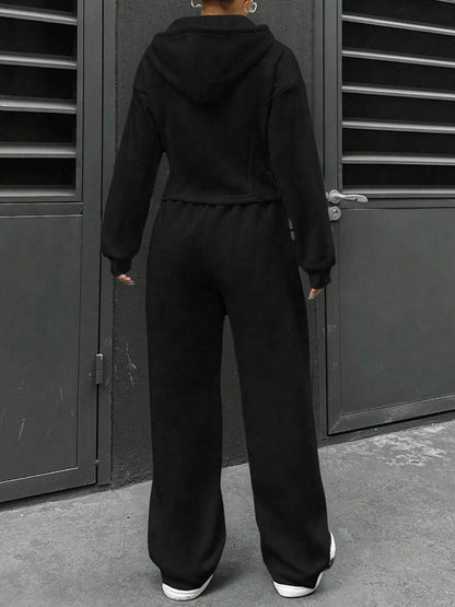 2 Pieces Hooded Zipper Jacket & Elastic Waist Sweatpants Set
