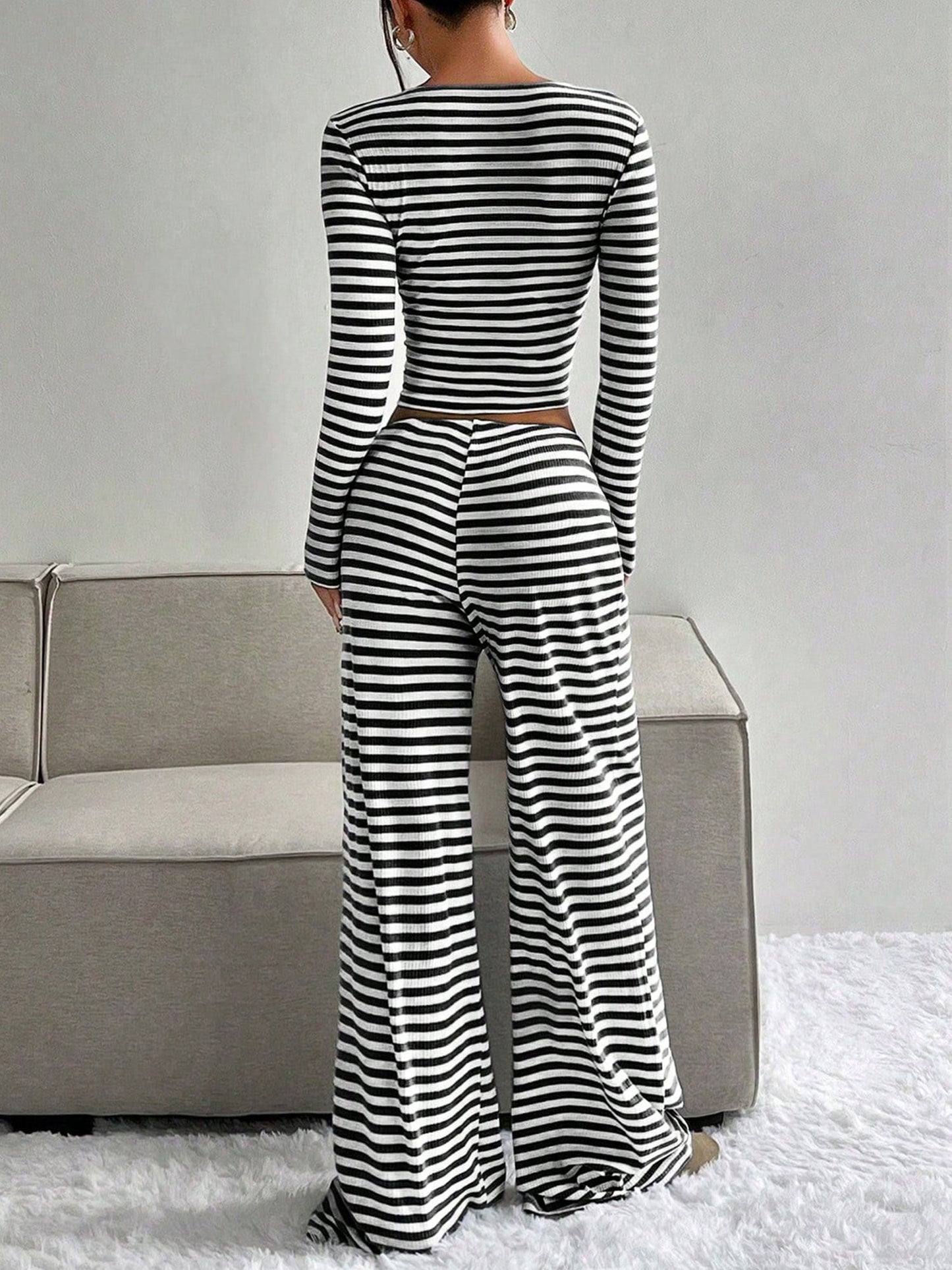 2 Pieces Square Neck Striped Cropped Top & Sweatpants Set