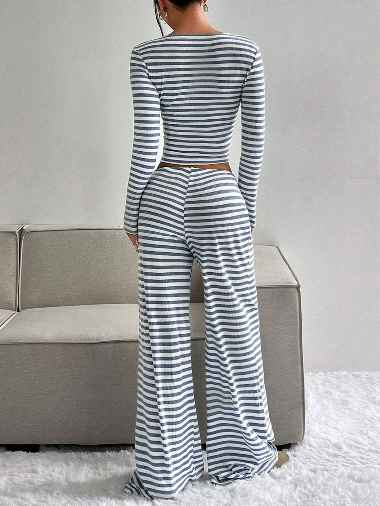 2 Pieces Square Neck Striped Cropped Top & Sweatpants Set