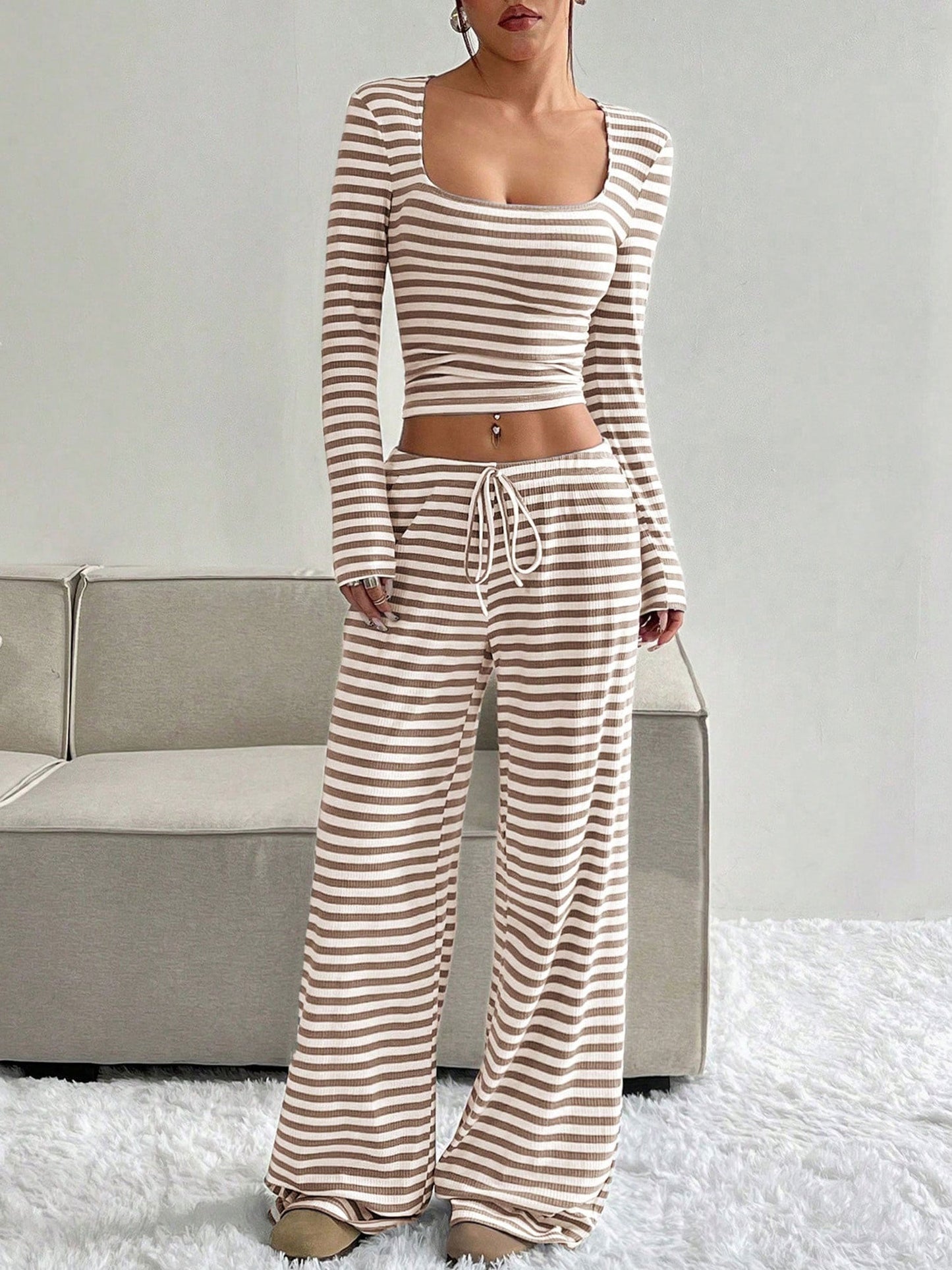 2 Pieces Square Neck Striped Cropped Top & Sweatpants Set
