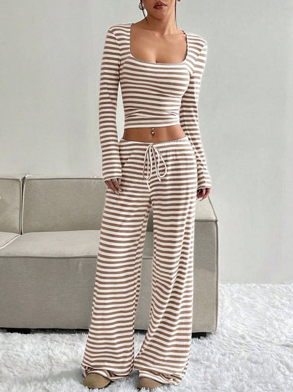 2 Pieces Square Neck Striped Cropped Top & Sweatpants Set