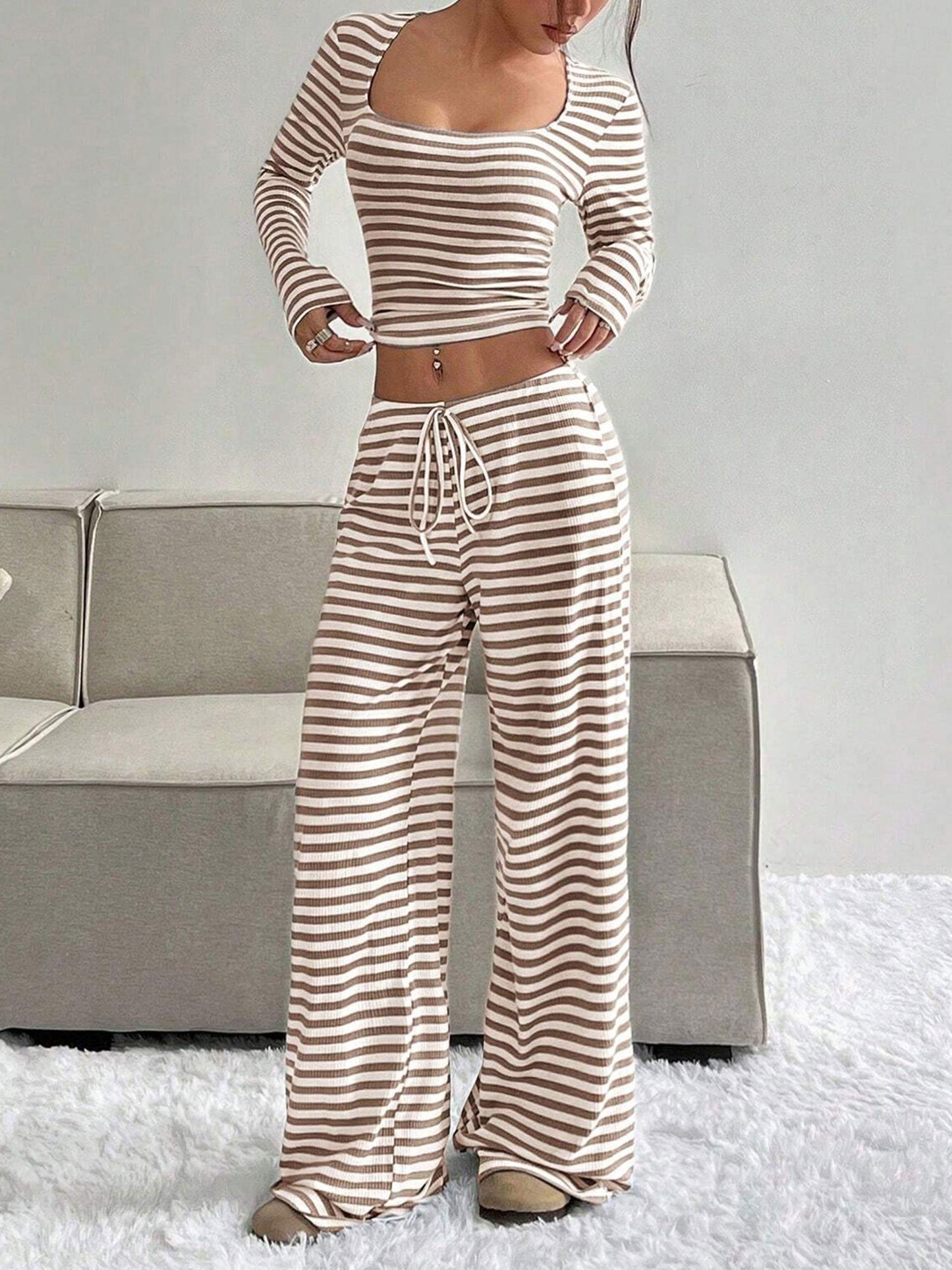 2 Pieces Square Neck Striped Cropped Top & Sweatpants Set