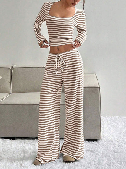 2 Pieces Square Neck Striped Cropped Top & Sweatpants Set