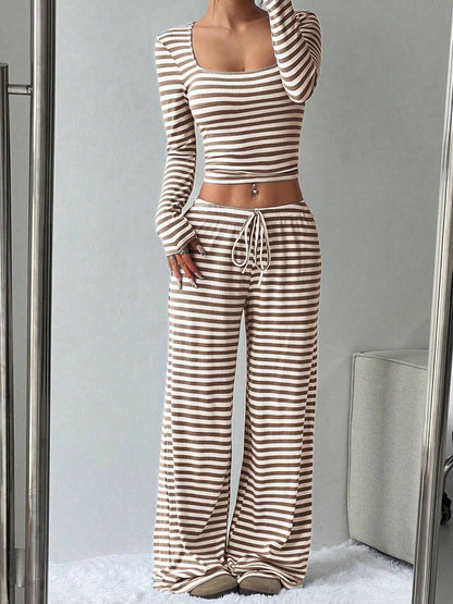 2 Pieces Square Neck Striped Cropped Top & Sweatpants Set
