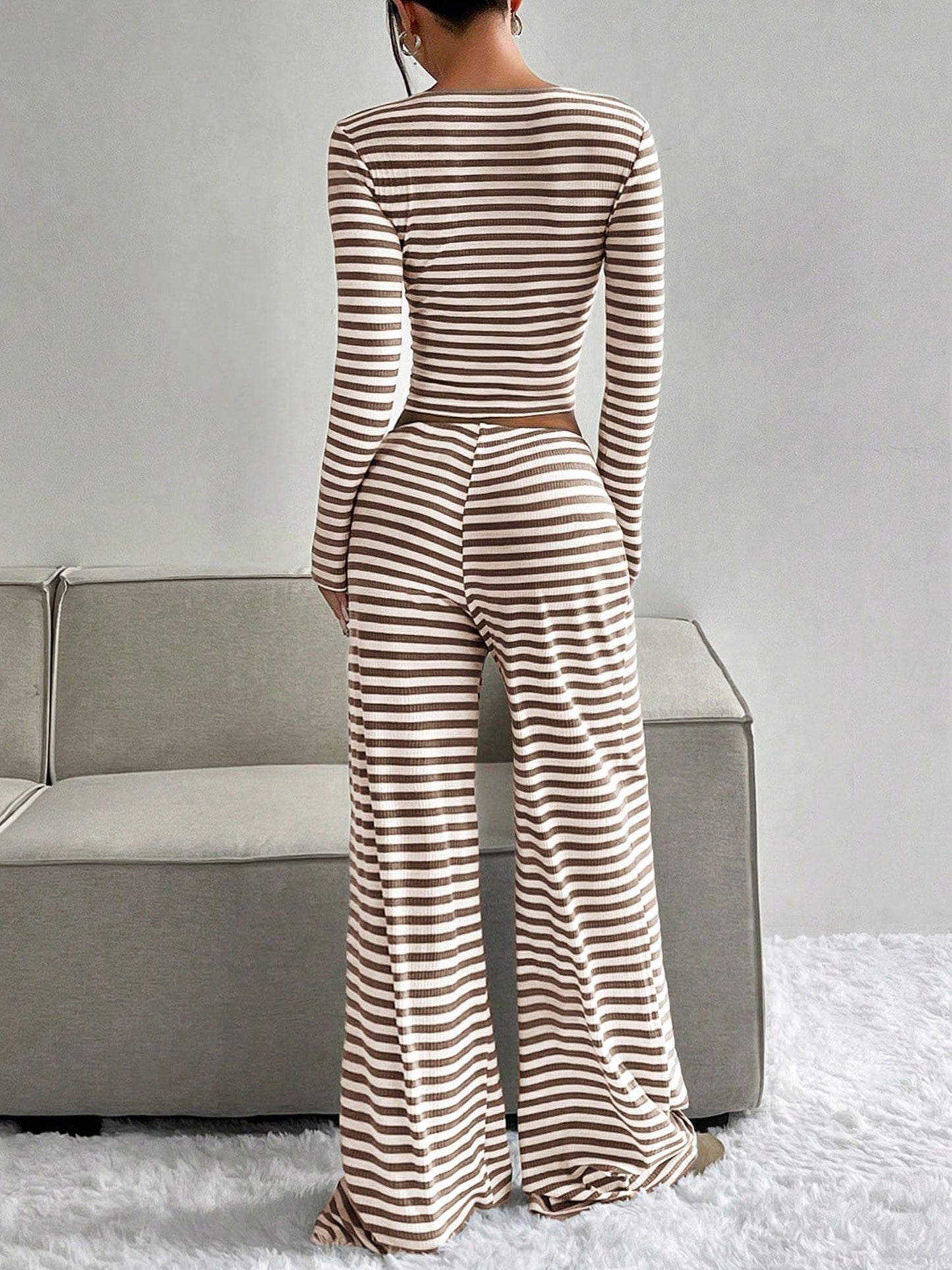 2 Pieces Square Neck Striped Cropped Top & Sweatpants Set