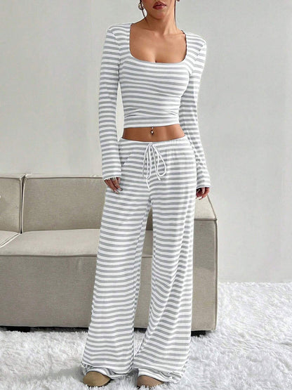2 Pieces Square Neck Striped Cropped Top & Sweatpants Set