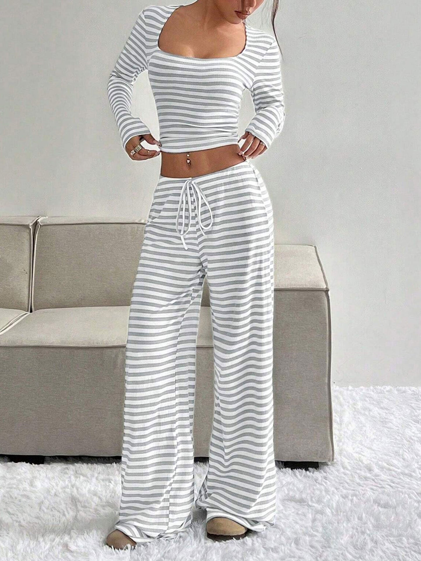 2 Pieces Square Neck Striped Cropped Top & Sweatpants Set