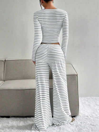 2 Pieces Square Neck Striped Cropped Top & Sweatpants Set