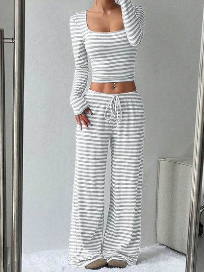 2 Pieces Square Neck Striped Cropped Top & Sweatpants Set