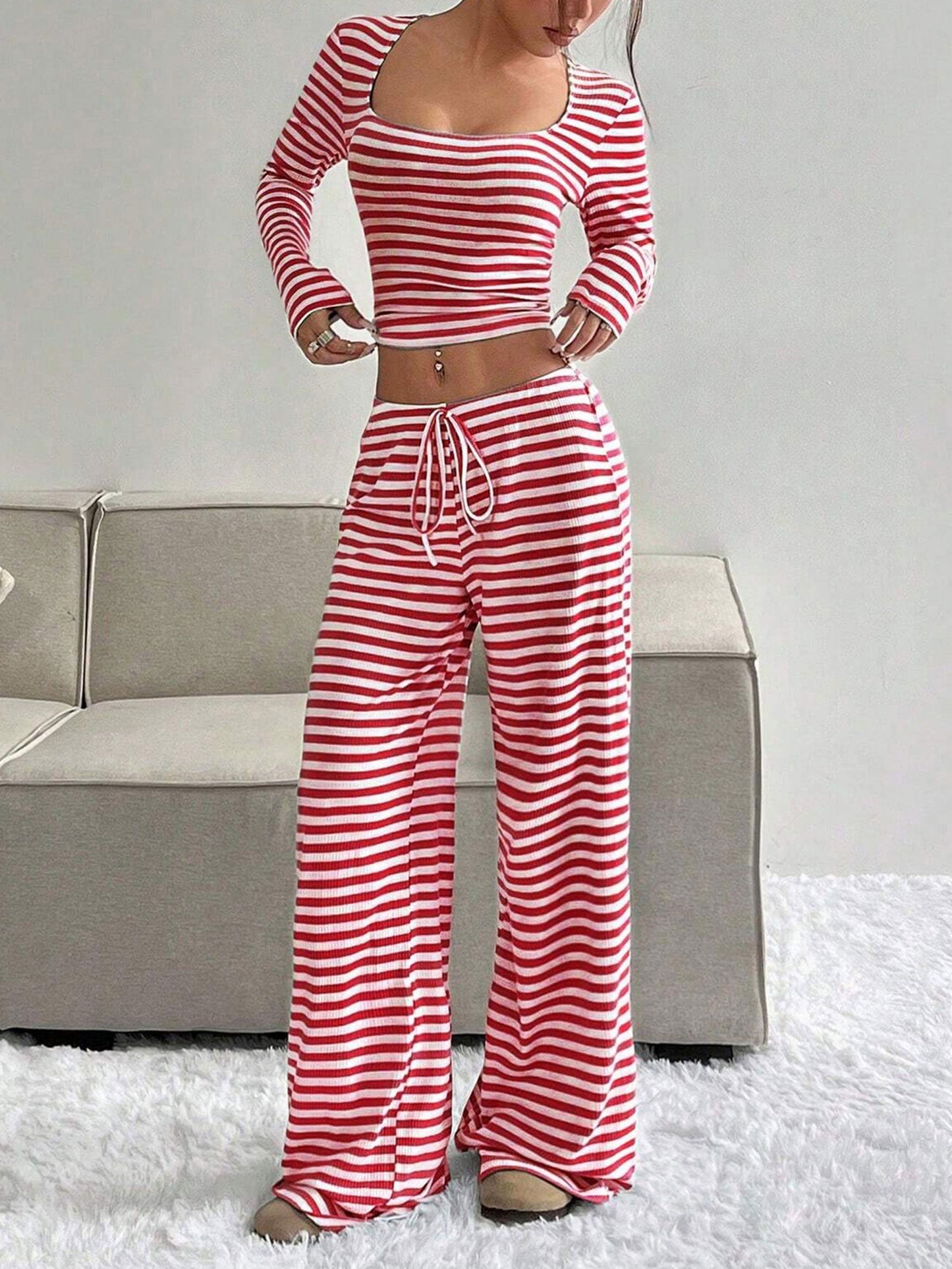 2 Pieces Square Neck Striped Cropped Top & Sweatpants Set