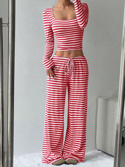 2 Pieces Square Neck Striped Cropped Top & Sweatpants Set