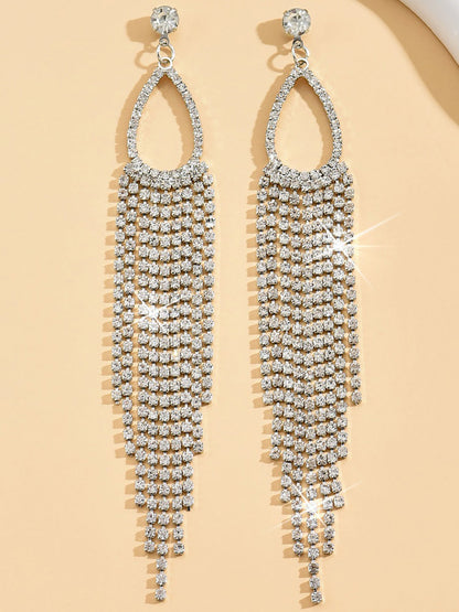 Faux Rhinestone Long Fringe Tassel Earrings